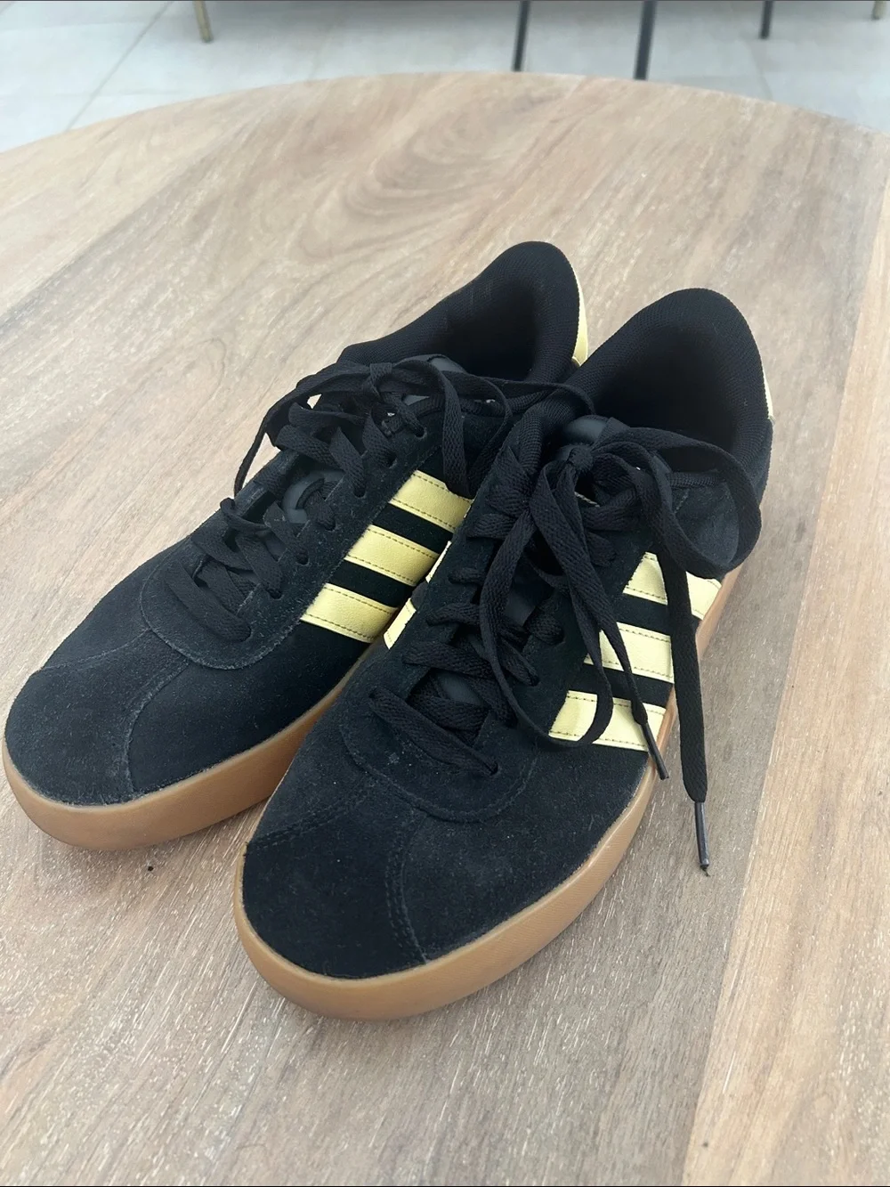 adidas Black Suede Sneakers with Yellow Stripes and Gum Sole